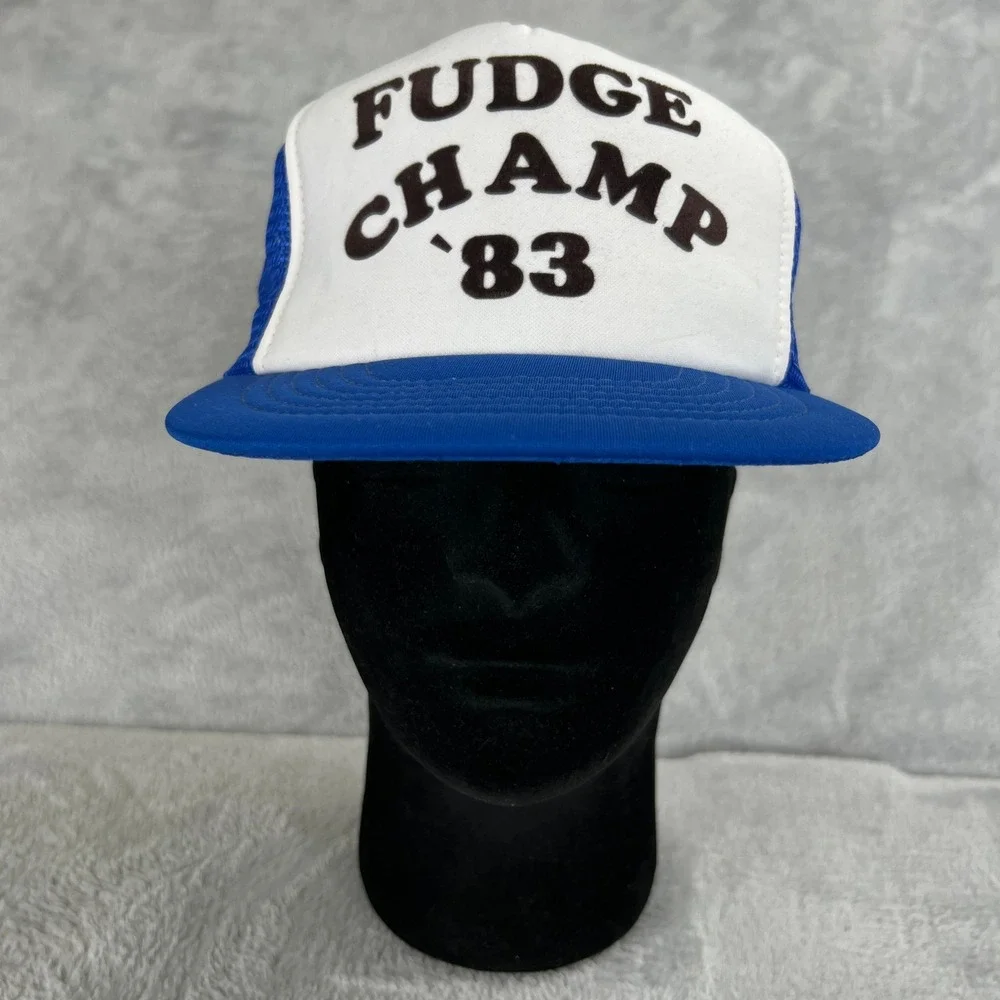 Vintage 1983 Fudge Champ Trucker Hat Large Blue Mesh Snapback Sportcap Retro